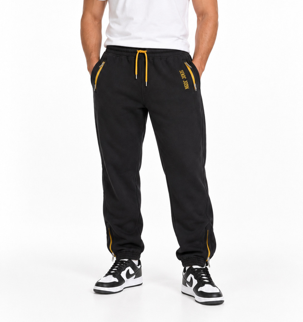 Sean John Mens XL Black Jogger Sweatpants Yellow Trim Ankle Zips